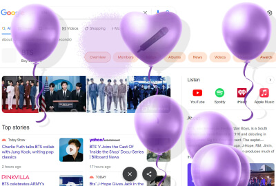 Google BTS 이스터에그: 보라색 풍선